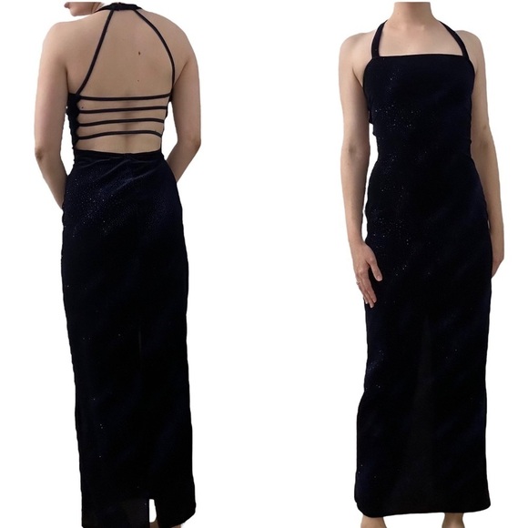 Vintage Dress Long Formal Fitted Navy Blue Glitter Strappy Celestial Prom Small - Picture 1 of 7